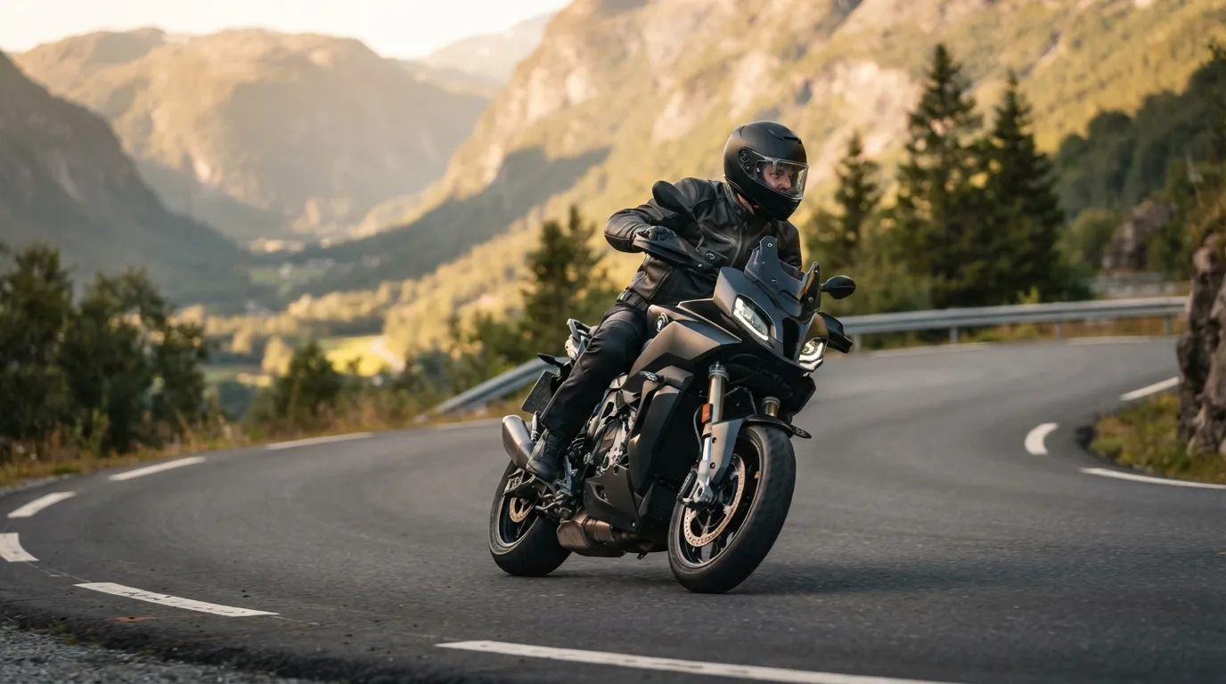 Motorcyclist practicing safe cornering on a mountain road
